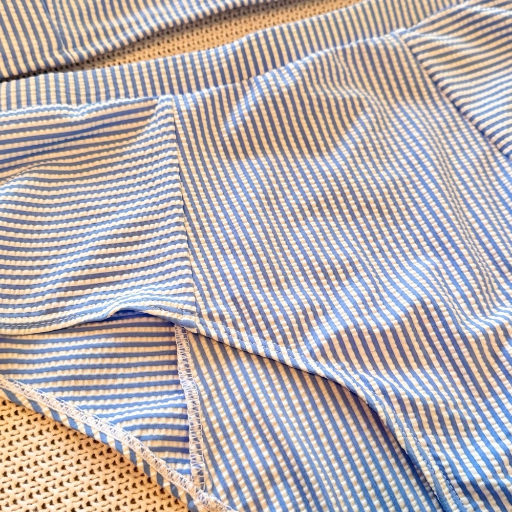 Seersucker Ruffle Bandeau Blue & White Striped Bikini Swimsuit - Picture 4 of 13